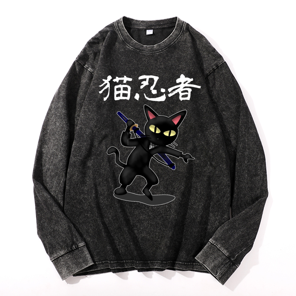 Cat Ninja Vintage Cotton Wash Crewneck Long-Sleeve T-Shirt