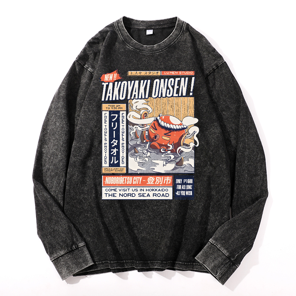 Takoyaki Octopus Vintage Cotton Wash Crewneck Long-Sleeve T-Shirt
