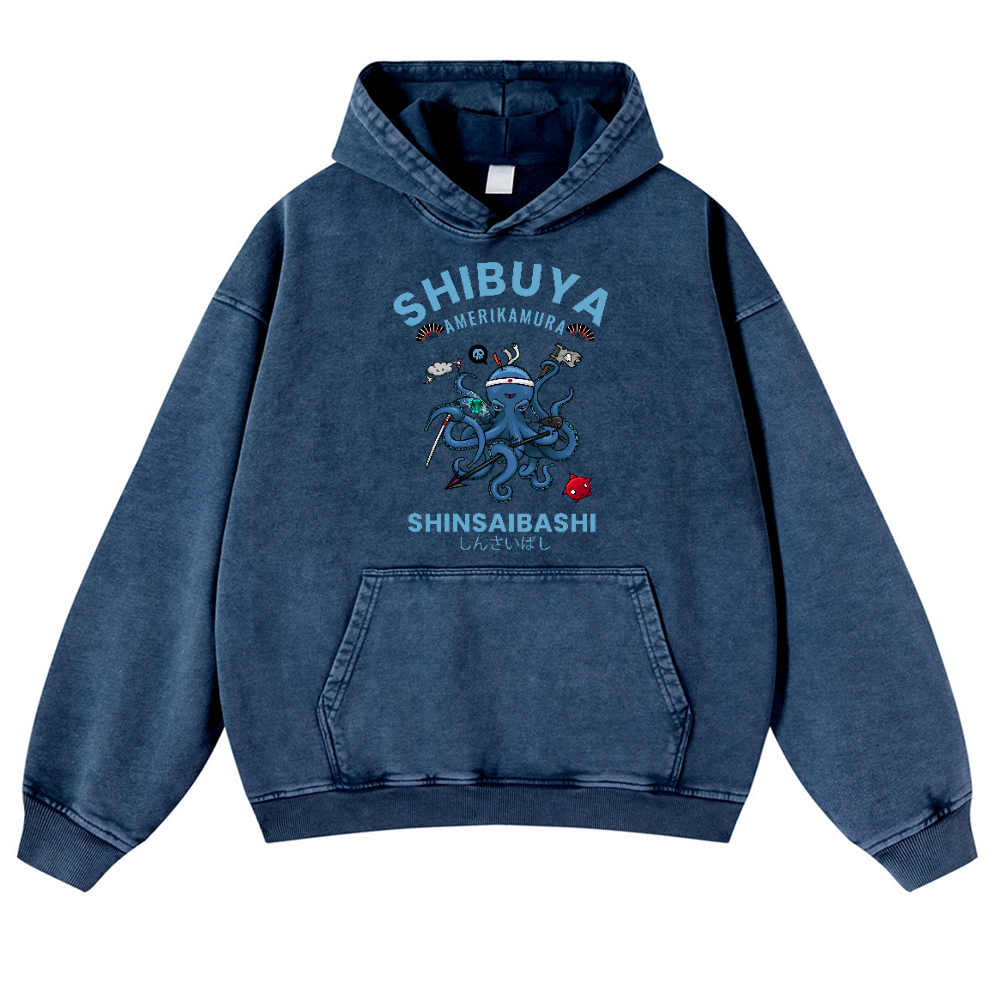 Shibuya Octopus Vintage Washed Thick Cotton Hoodie