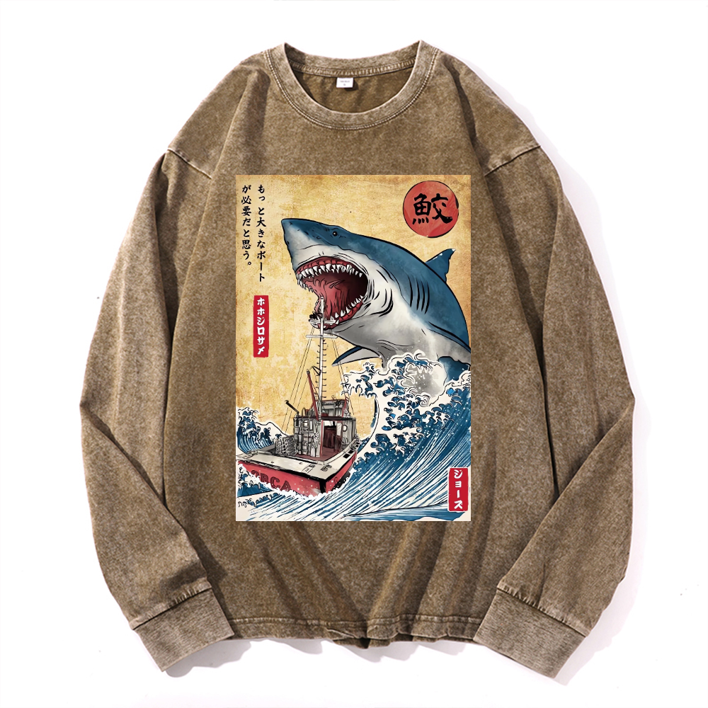 Shark Ukiyoe Vintage Cotton Wash Crewneck Long-Sleeve T-Shirt