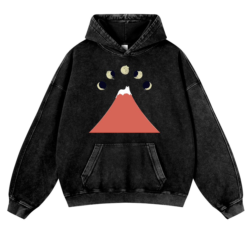 Mount FUJI Moon Cat Vintage Washed Thick Cotton Hoodie