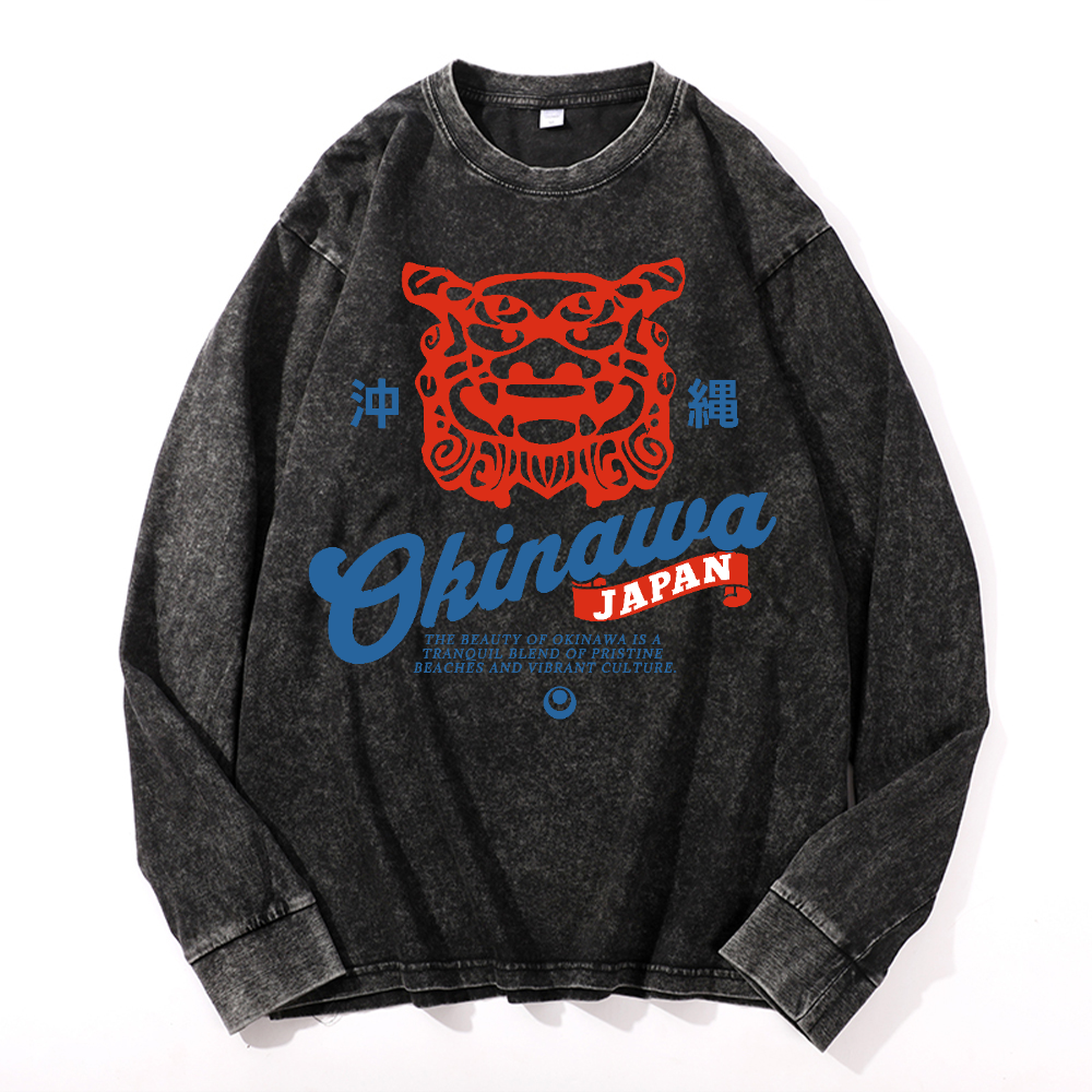 Okinawa Shisa Vintage Cotton Wash Crewneck Long-Sleeve T-Shirt