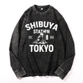 Shibuya Hachiko Vintage Cotton Wash Crewneck Long-Sleeve T-Shirt