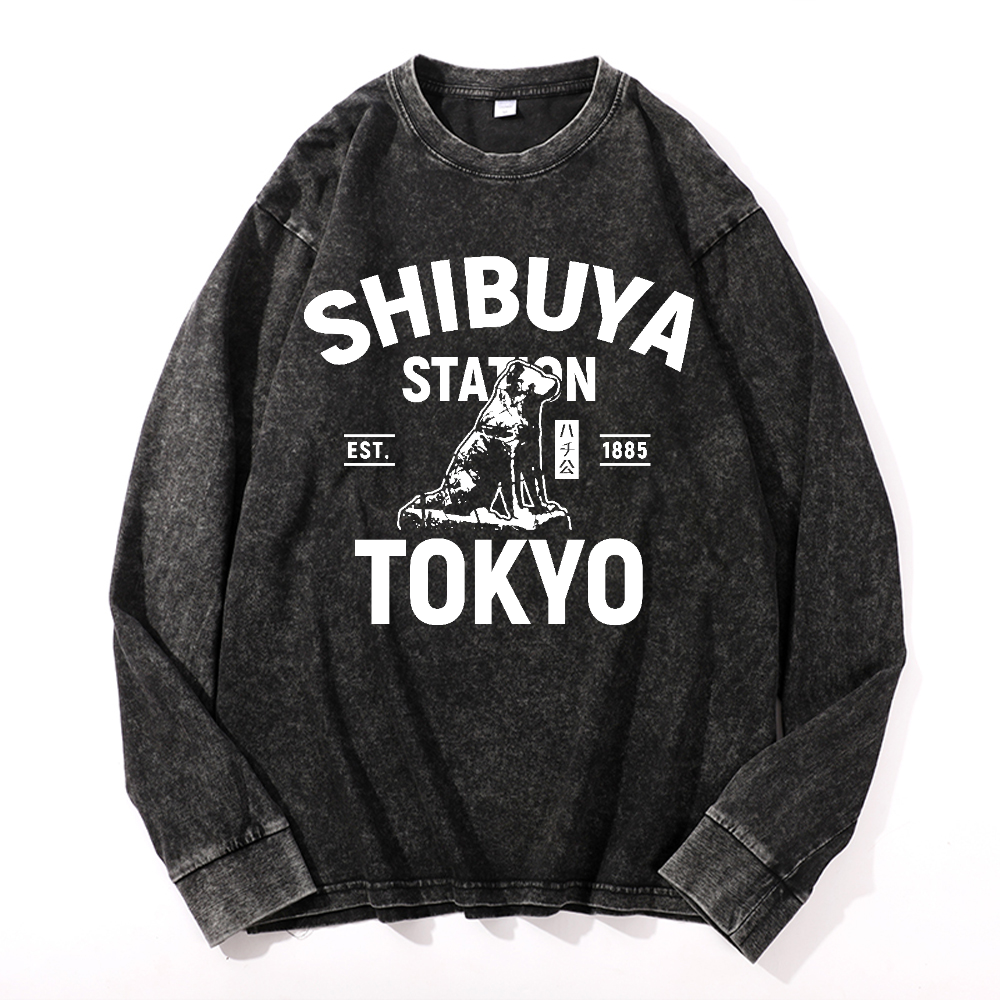 Shibuya Hachiko Vintage Cotton Wash Crewneck Long-Sleeve T-Shirt