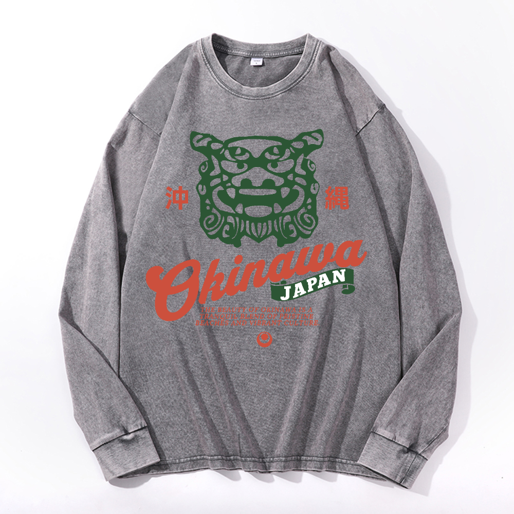 Okinawa Shisa Vintage Cotton Wash Crewneck Long-Sleeve T-Shirt