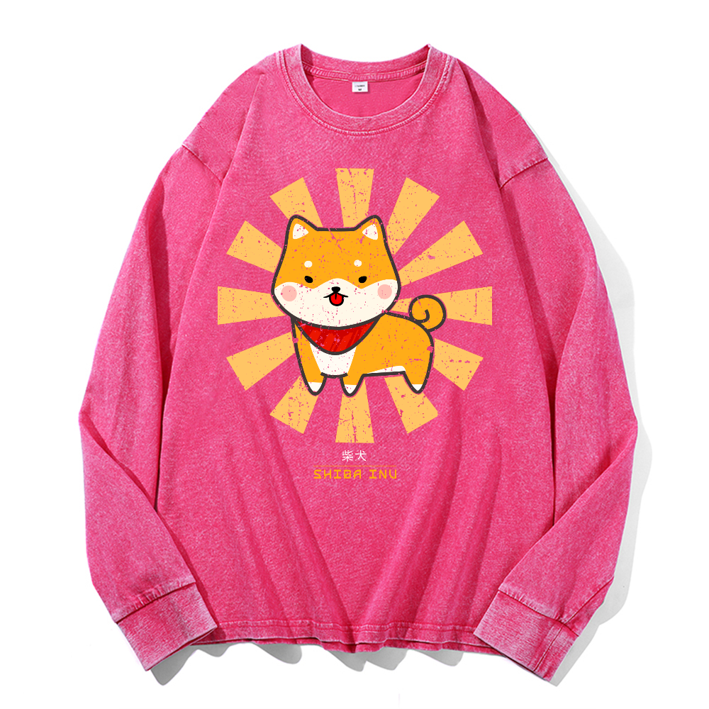 Shiba Inu Vintage Cotton Wash Crewneck Long-Sleeve T-Shirt