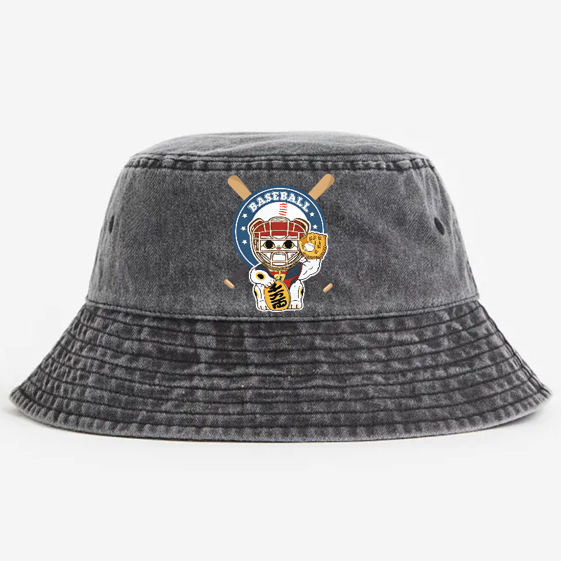 Baseball Cat Vintage 100% Cotton Bucket Hat