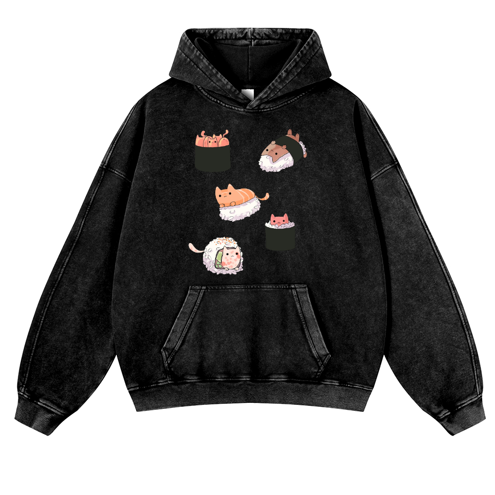 Sushi Cat Vintage Washed Thick Cotton Hoodie