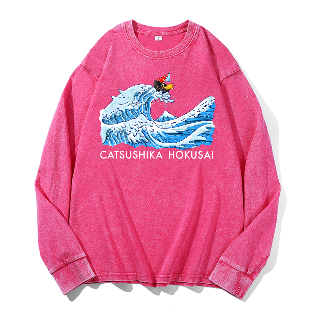 Cat Wave Vintage Cotton Wash Crewneck Long-Sleeve T-Shirt