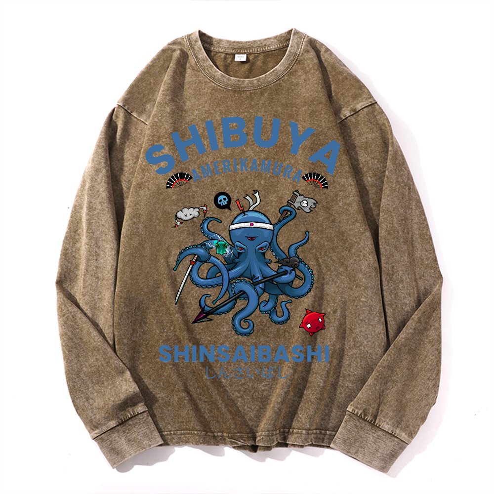 Shibuya Octopus Vintage Cotton Wash Crewneck Long-Sleeve T-Shirt