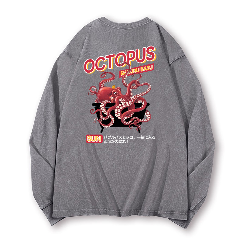 Bubble Bath Octopus Vintage Washed Cotton Back Art Long-sleeve T-shirt