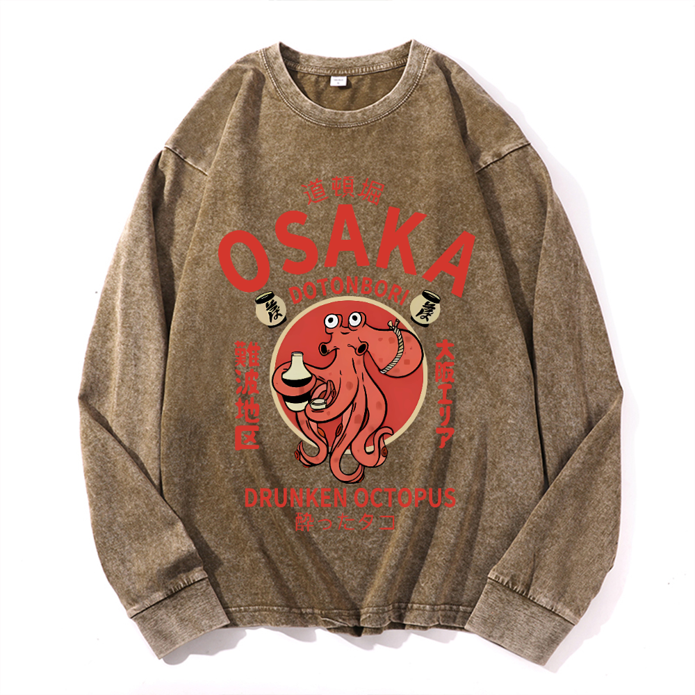 Osaka Dotonbori Drunken Octopus Vintage Cotton Wash Crewneck Long-Sleeve T-Shirt