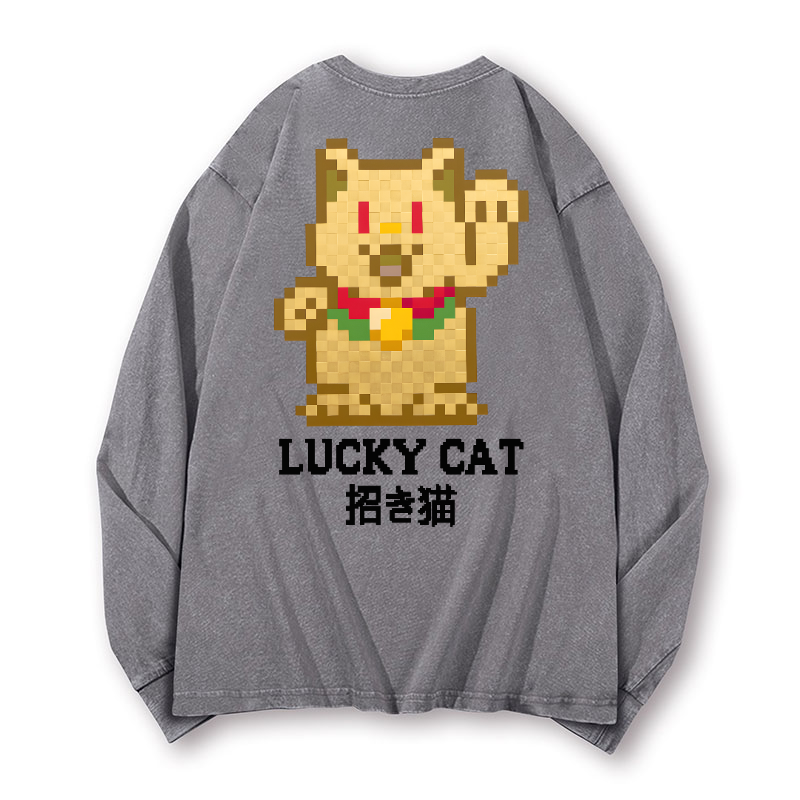 Mosaic Lucky Cat Vintage Washed Cotton Back Art Long-sleeve T-shirt
