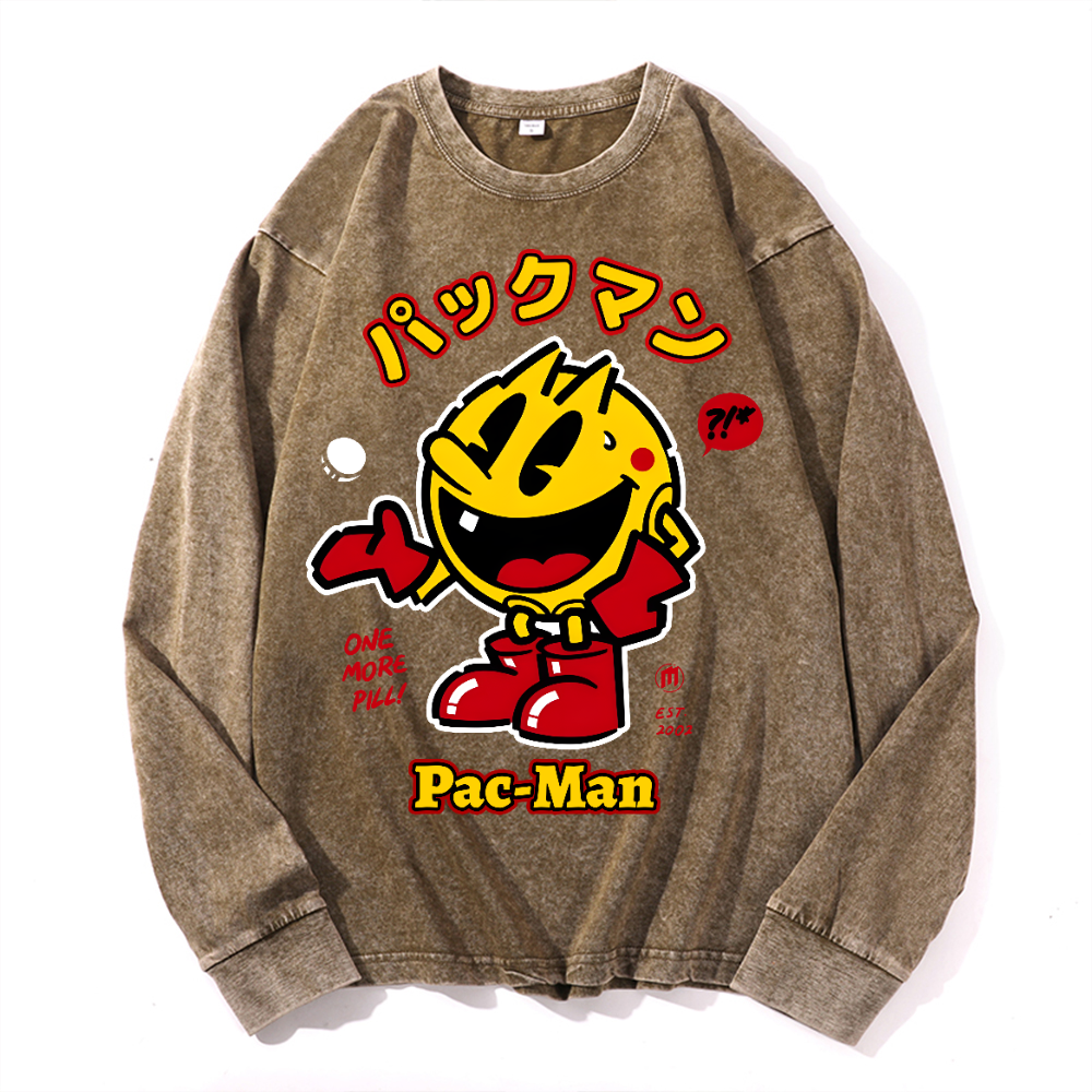 Pacman Vintage Cotton Wash Crewneck Long-Sleeve T-Shirt