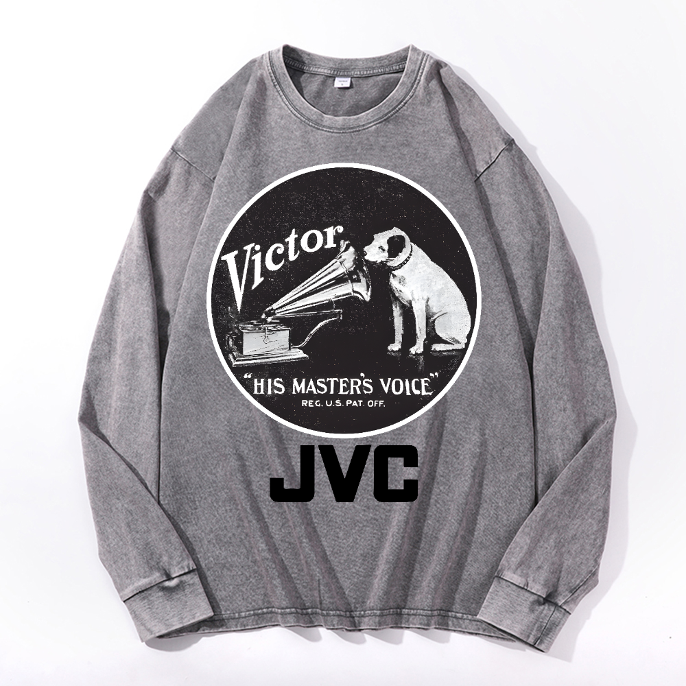 JVC Victor Dog Vintage Cotton Wash Crewneck Long-Sleeve T-Shirt