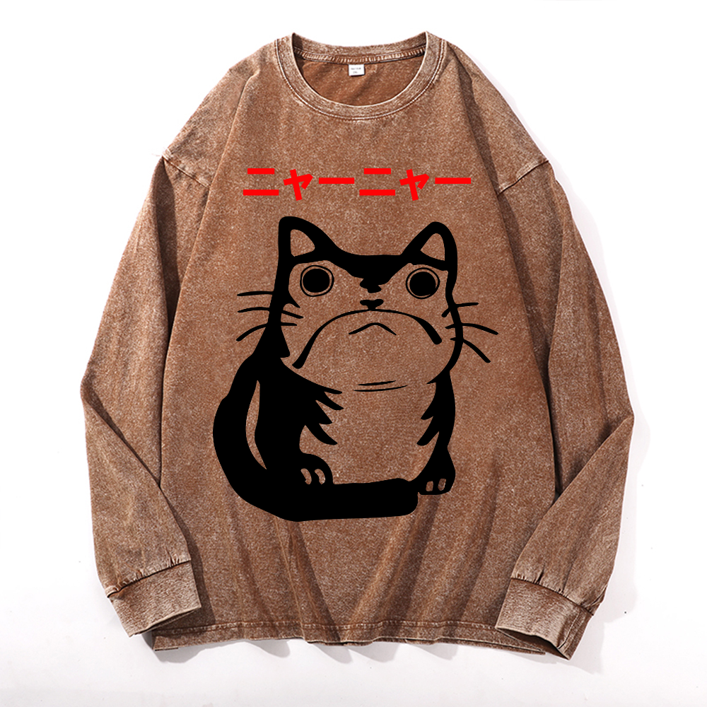 Cat Frog Vintage Cotton Wash Crewneck Long-Sleeve T-Shirt