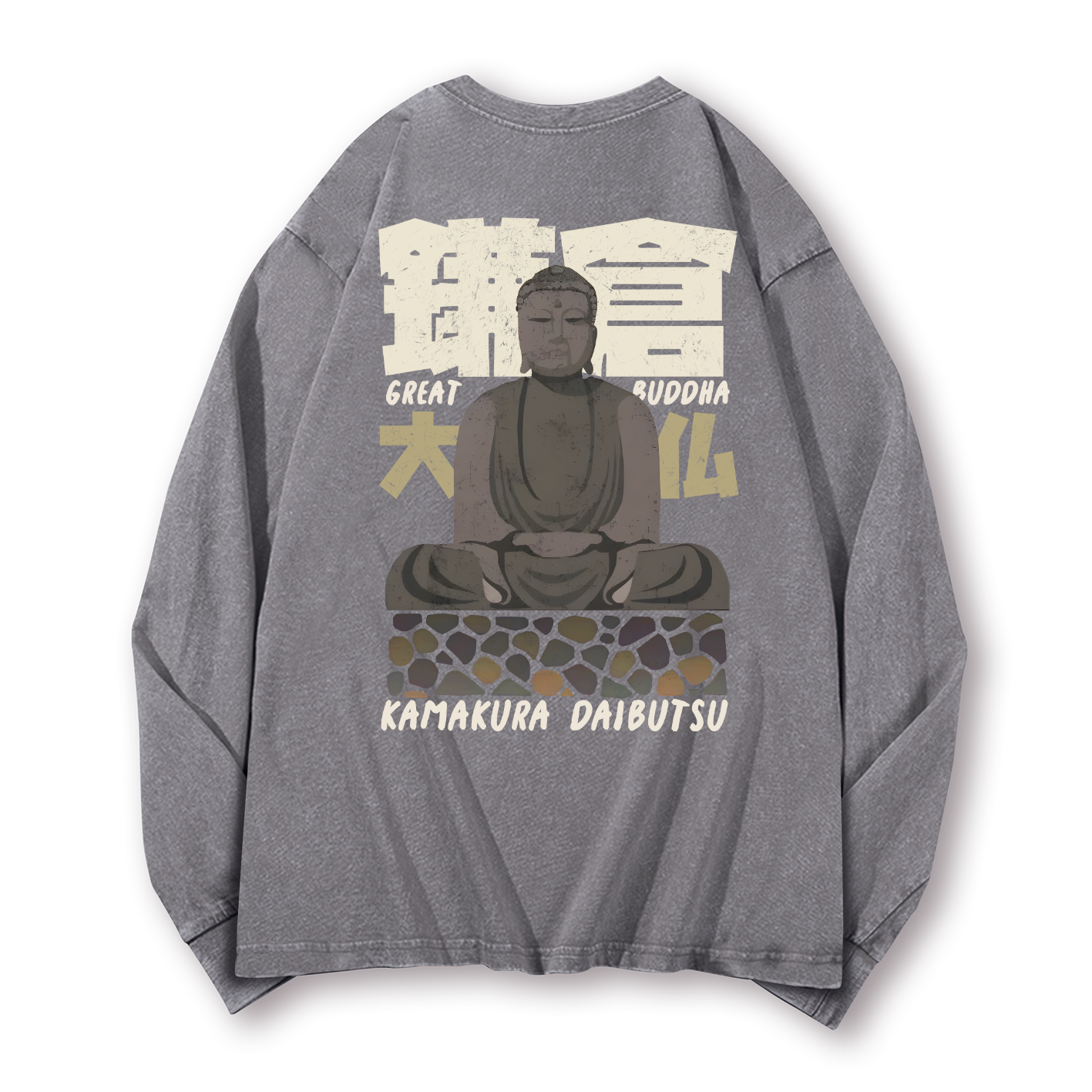 Buddhism Kamakura Daibutsu Great Buddha Vintage Washed Cotton Back Art Long-sleeve T-shirt