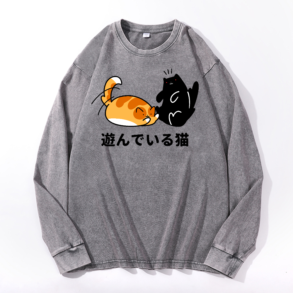 Cat Vintage Cotton Wash Crewneck Long-Sleeve T-Shirt