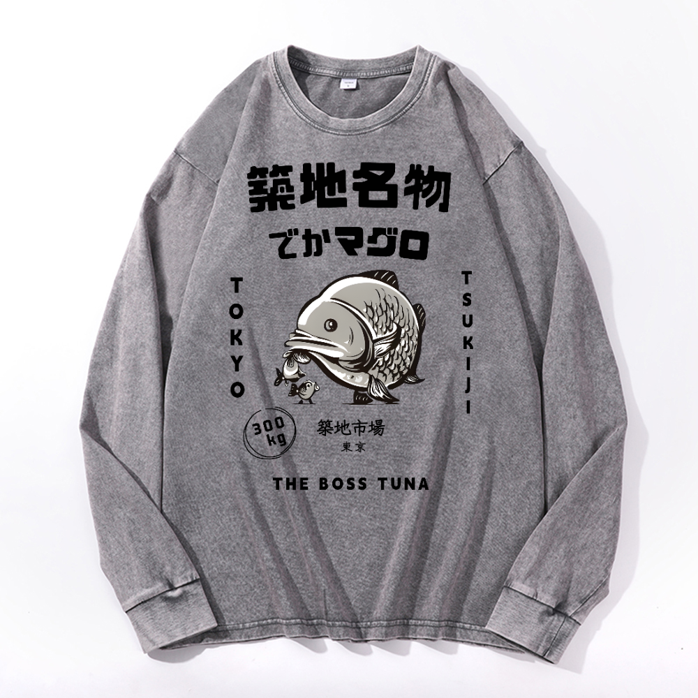 Tsukiji Market Vintage Cotton Wash Crewneck Long-Sleeve T-Shirt