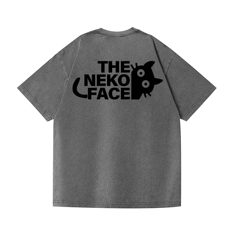 The Neko Face Vintage Wash Japanese Design Back Art T-Shirt