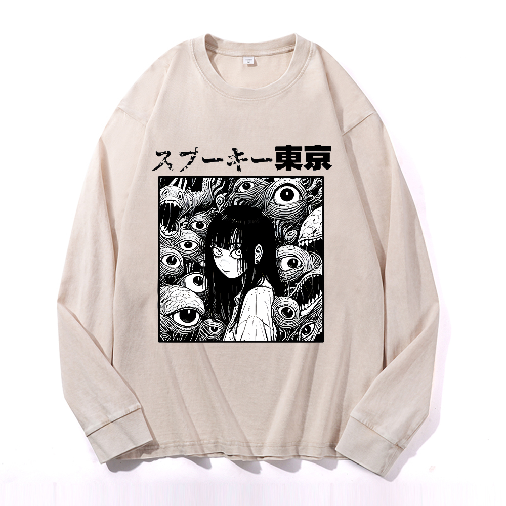 Horror manga Vintage Cotton Wash Crewneck Long-Sleeve T-Shirt