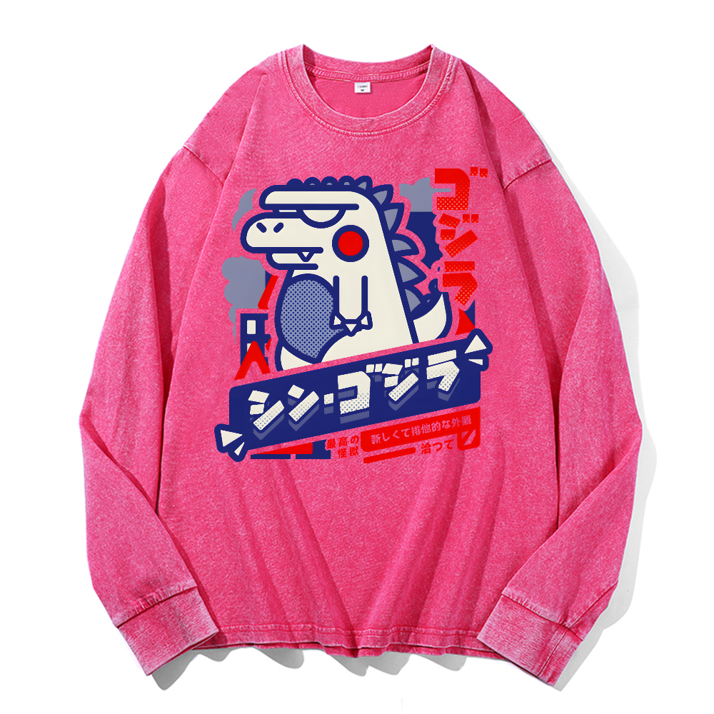 Kaiju Vintage Cotton Wash Crewneck Long-Sleeve T-Shirt