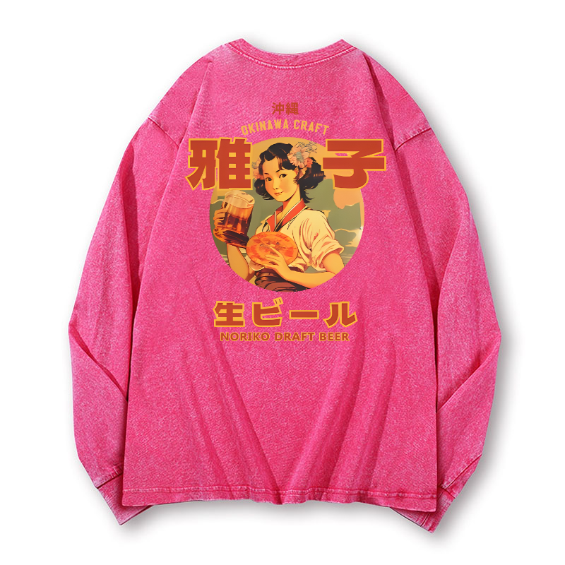 Noriko Draft Beer Vintage Washed Cotton Back Art Long-sleeve T-shirt