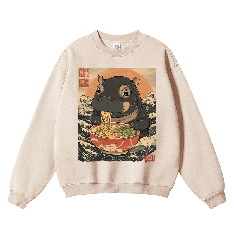 Hippo Ramen Vintage Cotton Blend Crewneck Sweatshirt