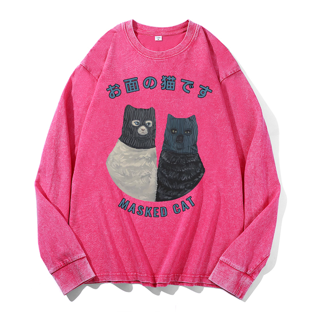 Masked Cat Vintage Cotton Wash Crewneck Long-Sleeve T-Shirt