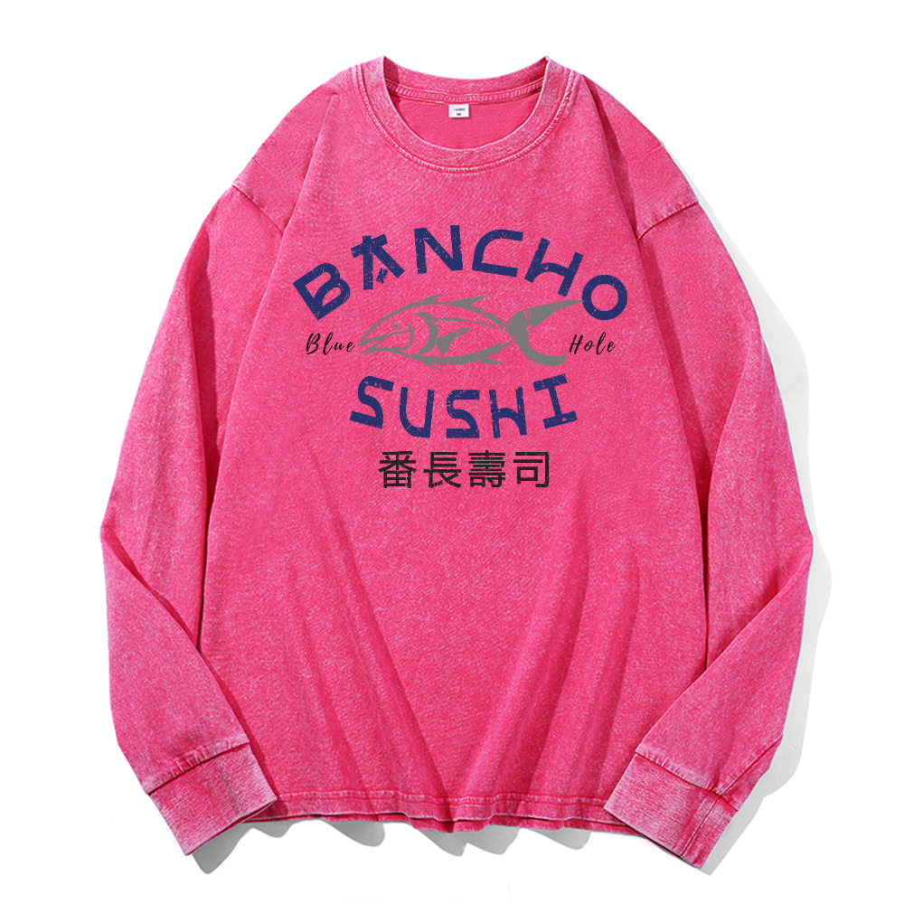 Bancho Sushi Vintage Cotton Wash Crewneck Long-Sleeve T-Shirt