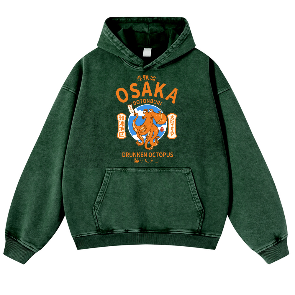 Osaka Dotonbori Drunken Octopus Vintage Washed Thick Cotton Hoodie