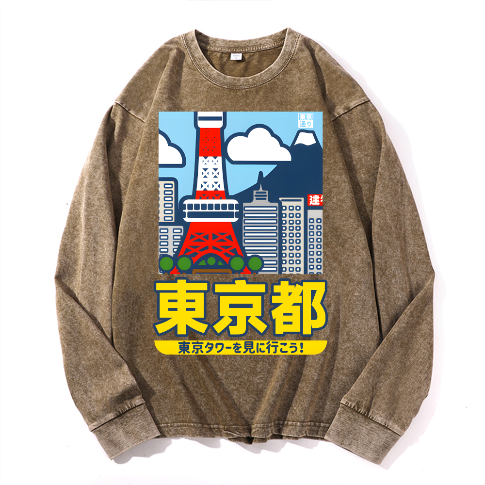 Tokyo Tower Vintage Cotton Wash Crewneck Long-Sleeve T-Shirt