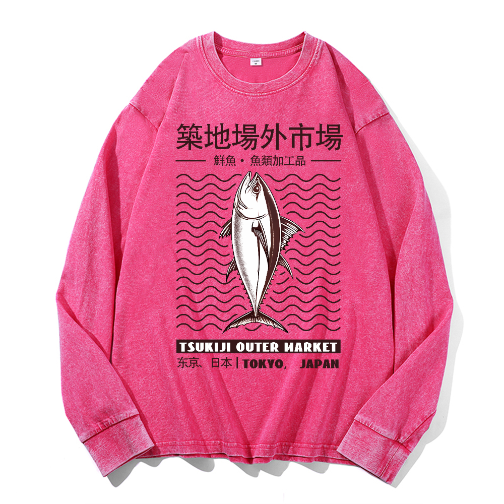 Tsukiji Market Vintage Cotton Wash Crewneck Long-Sleeve T-Shirt