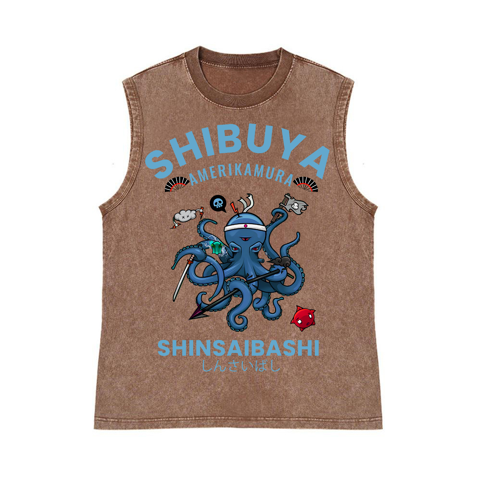 Shibuya Octopus Pure Cotton Wash-Dyed Sleeveless Tank Top