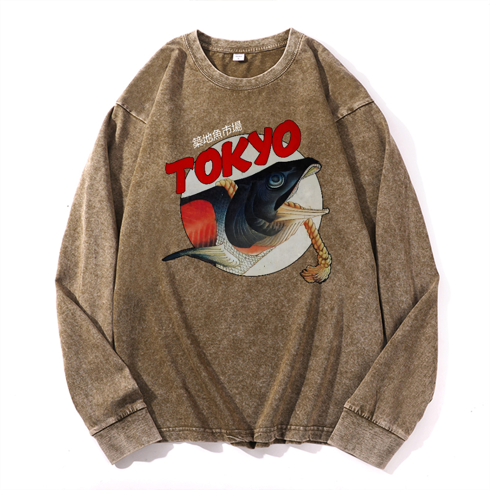 Tsukiji Market Vintage Cotton Wash Crewneck Long-Sleeve T-Shirt