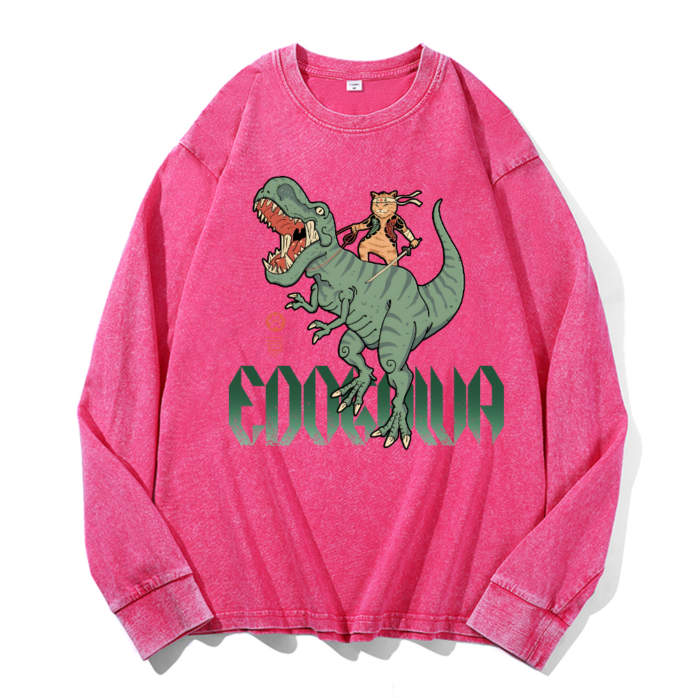 Cat T-Rex Vintage Cotton Wash Crewneck Long-Sleeve T-Shirt