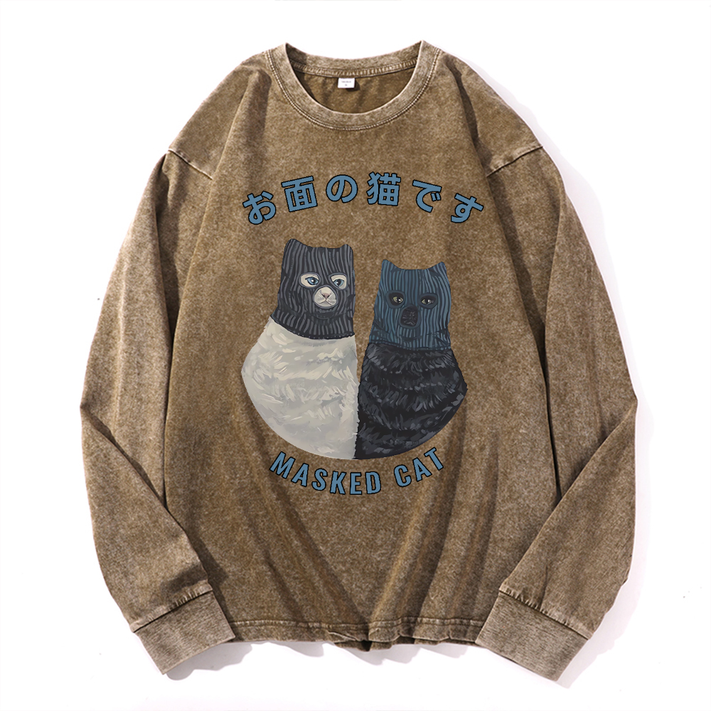 Masked Cat Vintage Cotton Wash Crewneck Long-Sleeve T-Shirt