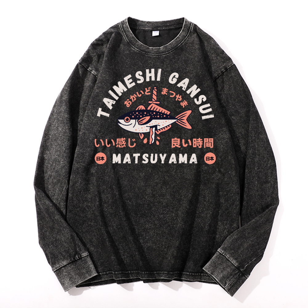 Matsuyama Fish Vintage Cotton Wash Crewneck Long-Sleeve T-Shirt