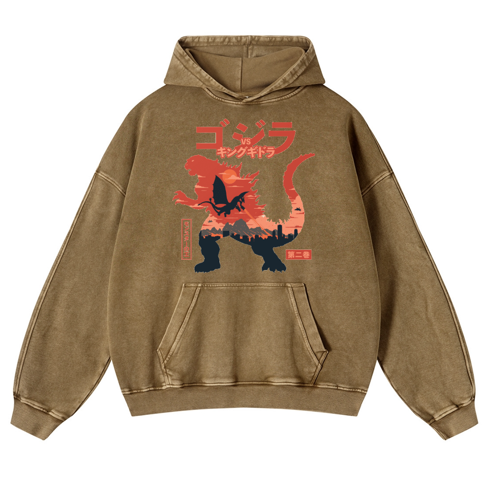 Kaiju vs. King Ghidorah Showdown Vintage Washed Thick Cotton Hoodie