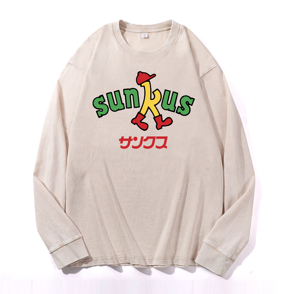 Sunkus Vintage Cotton Wash Crewneck Long-Sleeve T-Shirt
