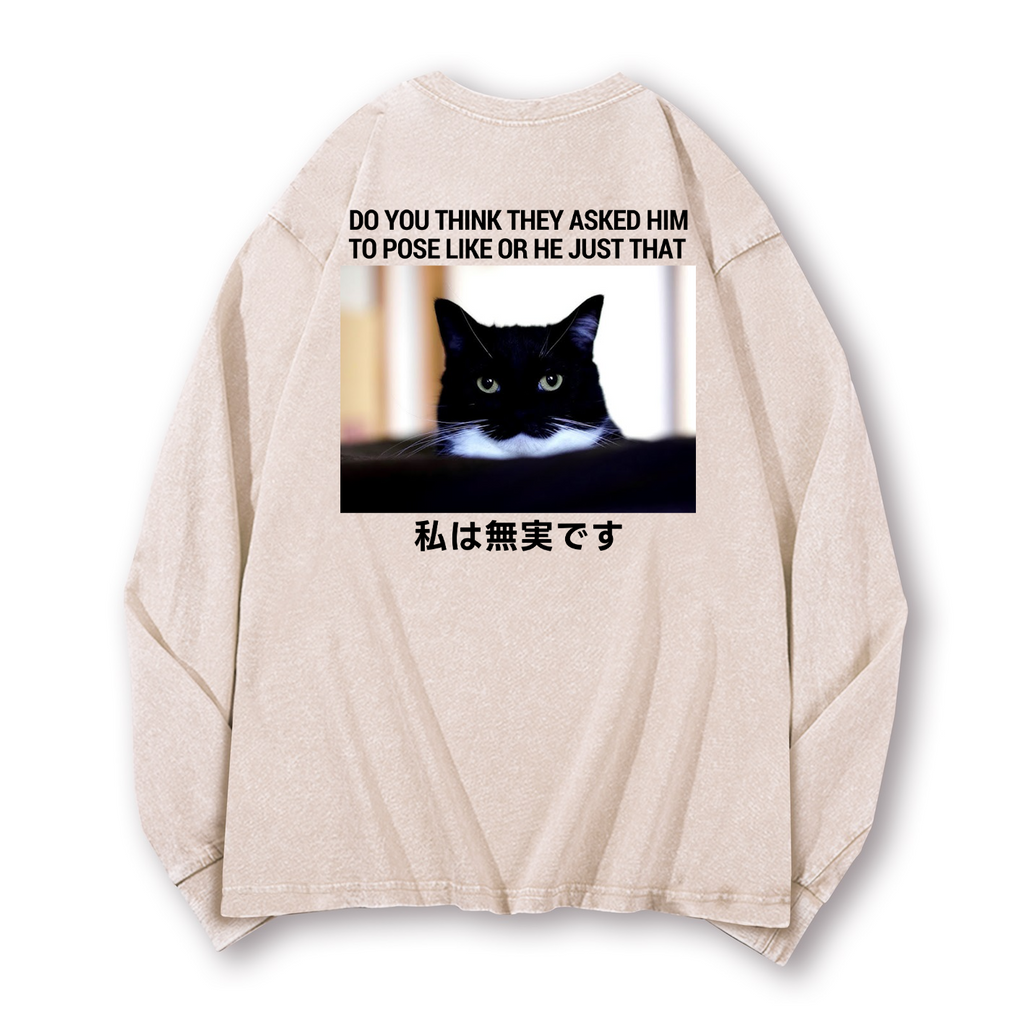 Cat Vintage Washed Cotton Back Art Long-sleeve T-shirt