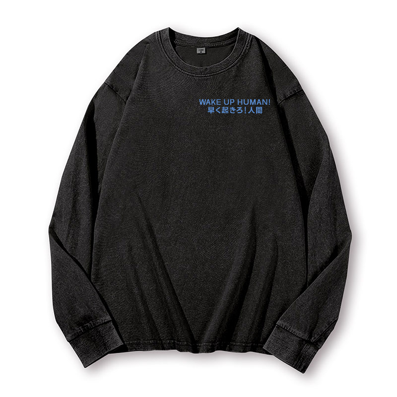 Wake Up Human Vintage Washed Cotton Back Art Long-sleeve T-shirt