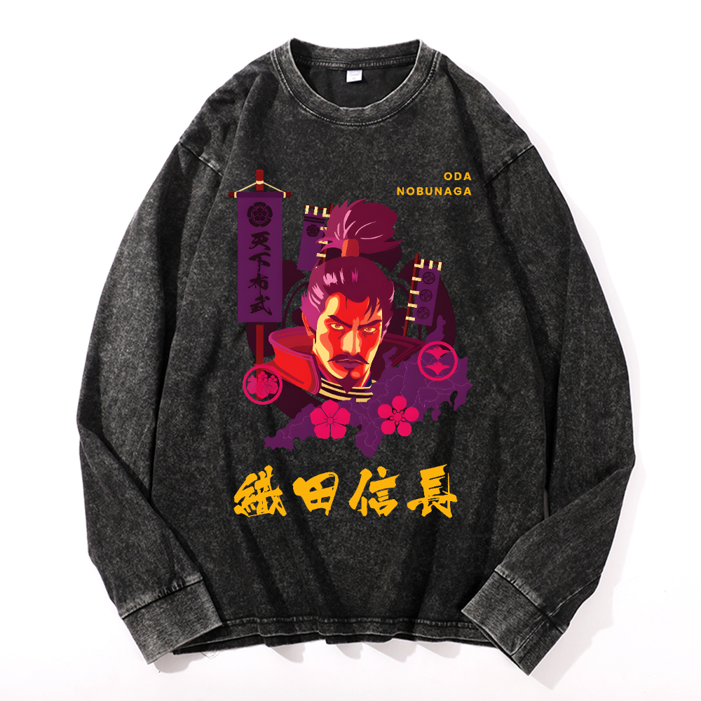 Oda Nobunaga Vintage Cotton Wash Crewneck Long-Sleeve T-Shirt