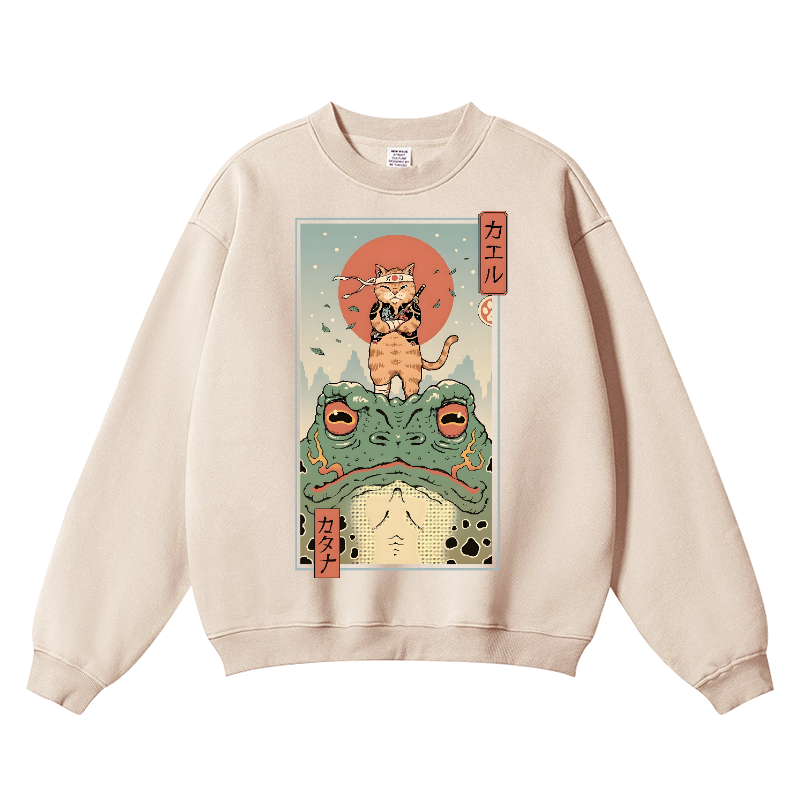 Cat Ninja Frog Vintage Cotton Blend Crewneck Sweatshirt
