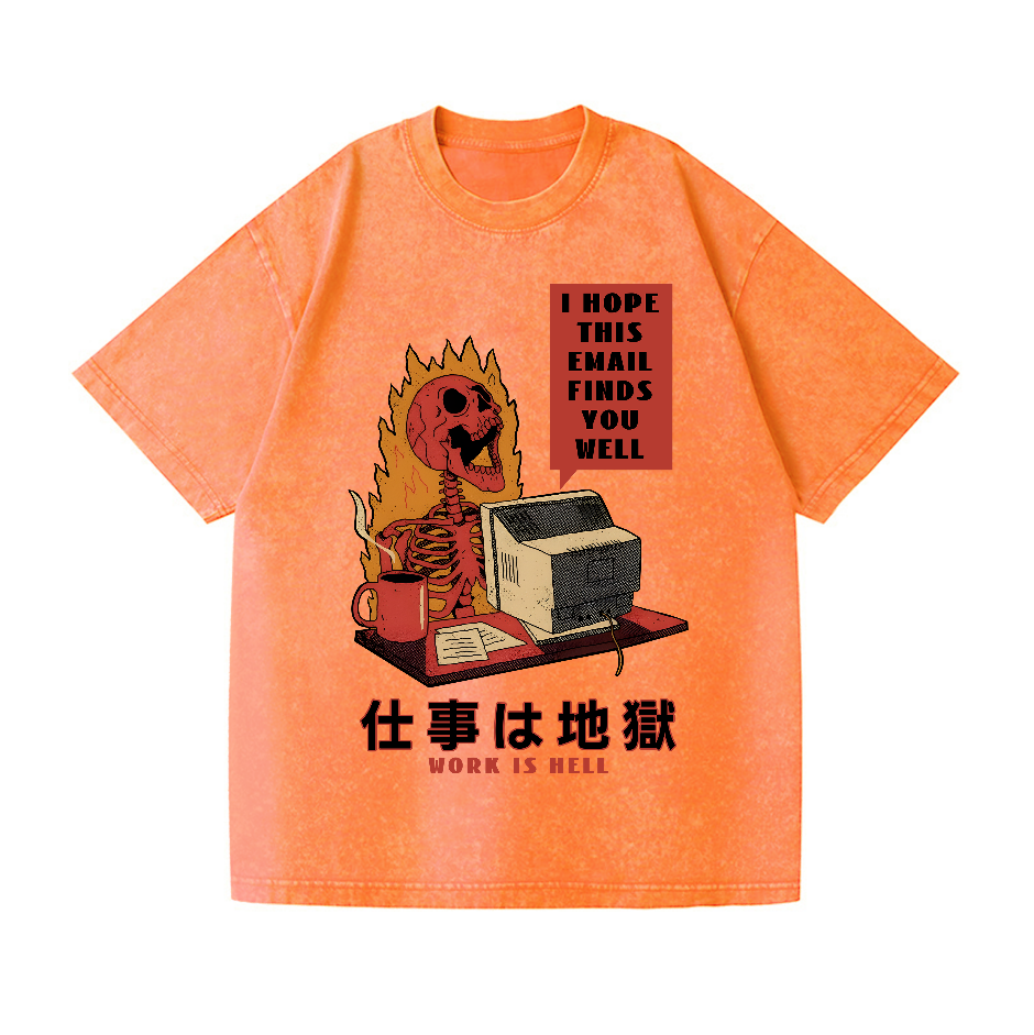 Skull Work Is Hell Vintage Wash Japanese Design T-Shirt