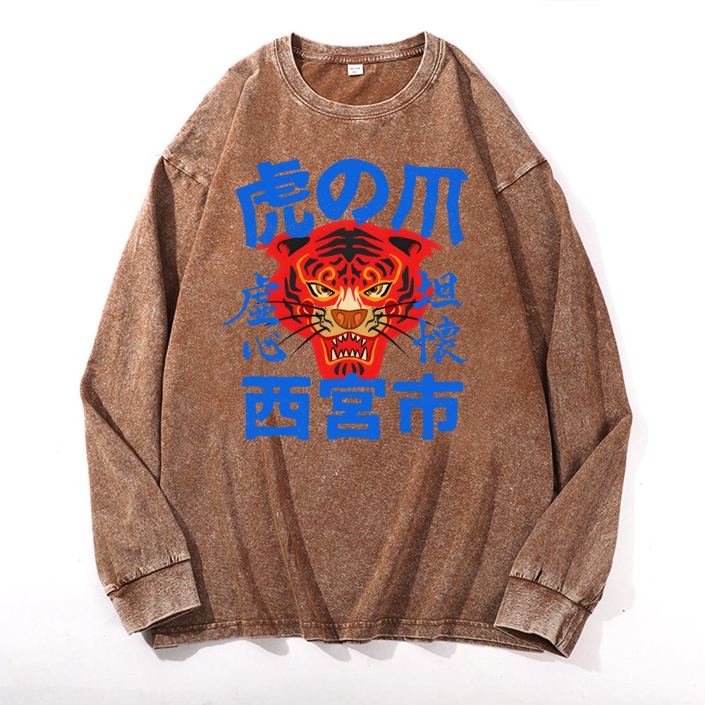 Tiger Vintage Cotton Wash Crewneck Long-Sleeve T-Shirt