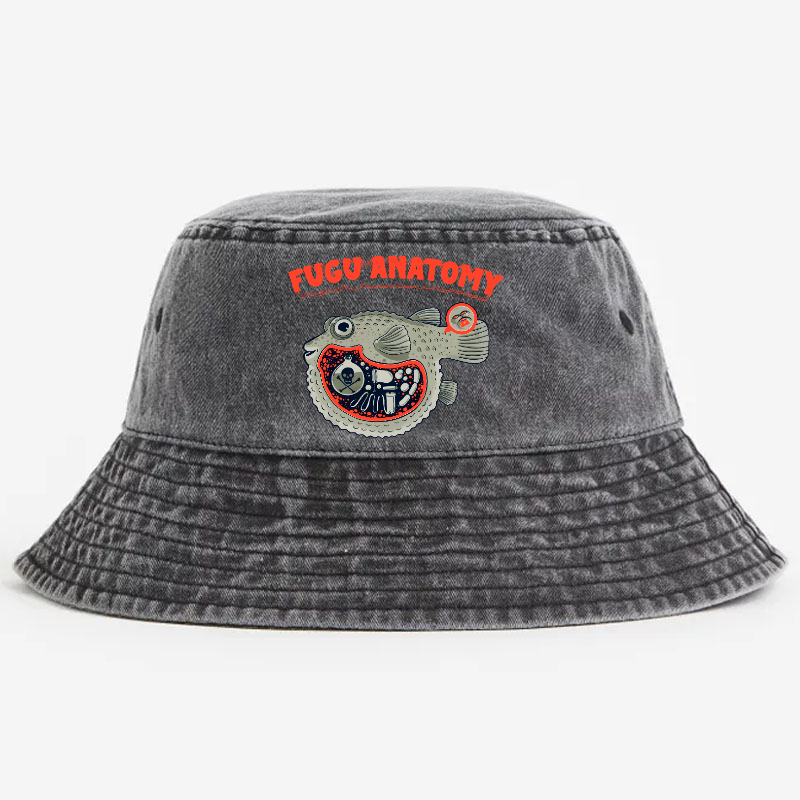 Fugu Anatomy Pufferfish Vintage 100% Cotton Bucket Hat