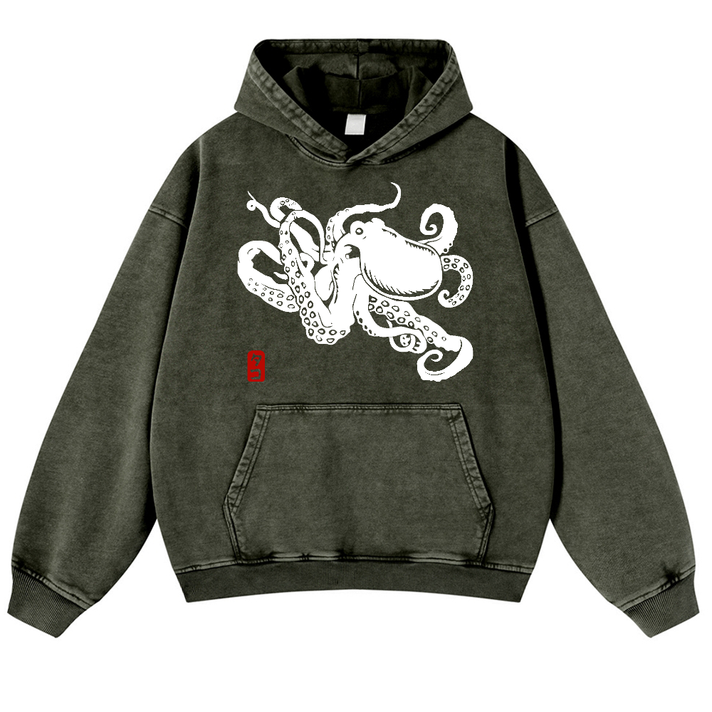 Octopus Vintage Washed Thick Cotton Hoodie