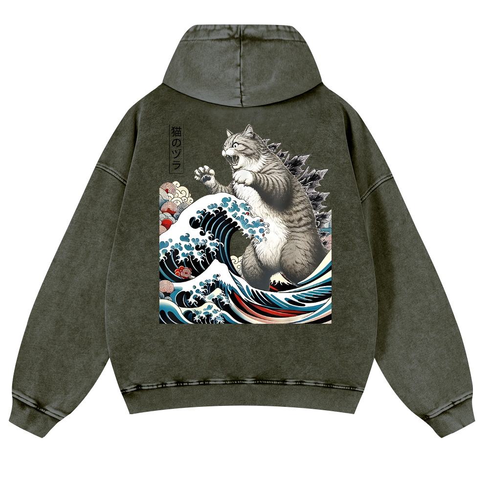 Cat Kaiju Ukiyoe Great Wave Vintage Washed Cotton Back Art Hoodie