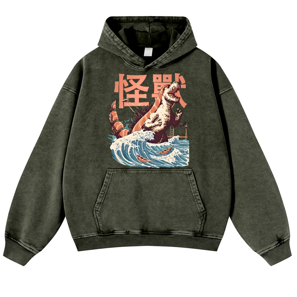 Kaiju Sushi Monster Wave Vintage Washed Thick Cotton Hoodie